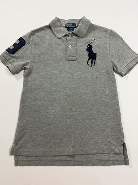 Polo Ralph Lauren Boys Gray Big Pony Logo Polo Shirt Size S 8 Short Sleeve Patch